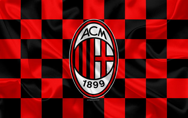 AC Milan logo, creative art, red black checkered flag, Italian football club, emblem, silk texture, Serie A, Milan, Italy, HD wallpaper