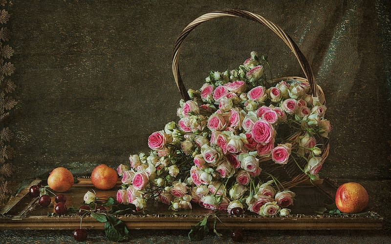 Blooming Basket, art, fruits, peaches, flowers, cherries, blossoms, roses, HD wallpaper