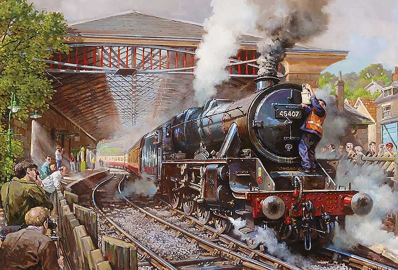 Pickering Station, artwork, railways, train, steam, painting, HD wallpaper