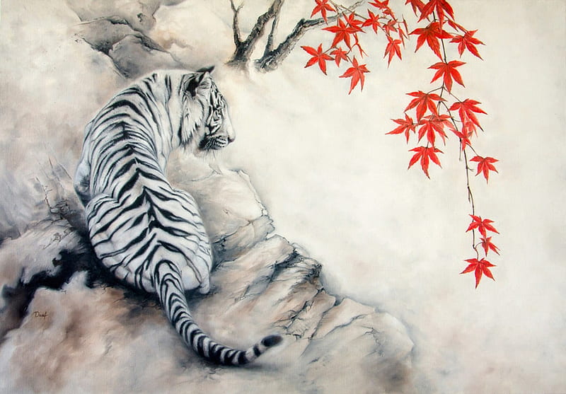 White tiger, art, autumn, luminos, tiger, irenadem, animal, leaf, fantasy, painting, asian, chinese, tigru, pictura, HD wallpaper