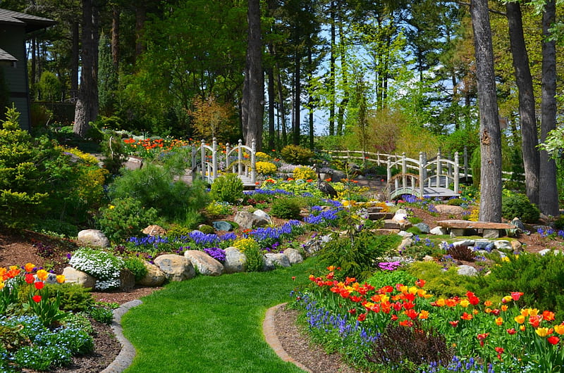 Spring Garden, fence, rocks, grass, bridges, trees, flowers, path, garden, Spring, HD wallpaper