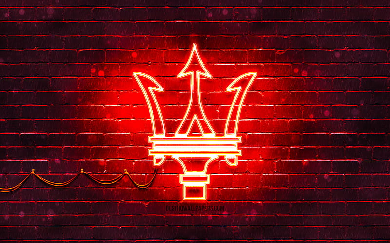 Maserati red logo red brickwall, Maserati logo, cars brands, Maserati neon logo, Maserati, HD wallpaper