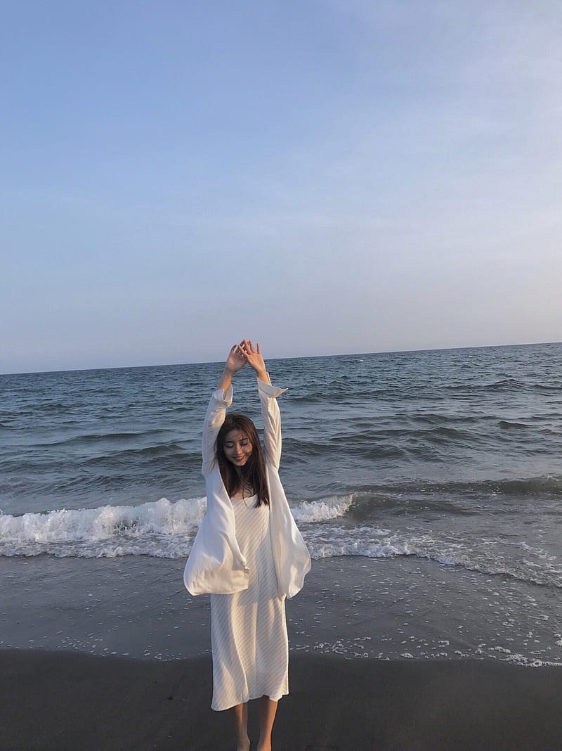 Chinese, Duebass, beach, women outdoors, arms up, white clothing, sea, black hair, long hair, closed eyes, smiling, standing, women, model, brunette, HD phone wallpaper