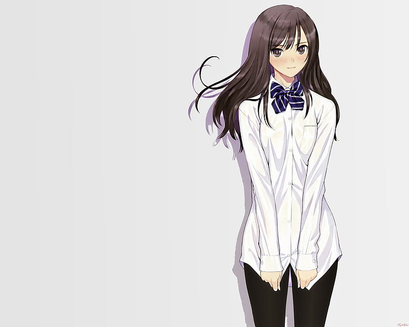 Captivating in White, pretty, stunning, brown hair, blush, bonito, sexy, taka tony, cute, blushing, hot, beauty, anime girl, long hair, HD wallpaper