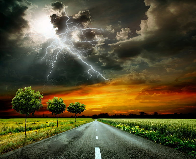 Sunset Road, sunset, sky, clouds, stormy, moon, lightning, way, road, field, HD wallpaper