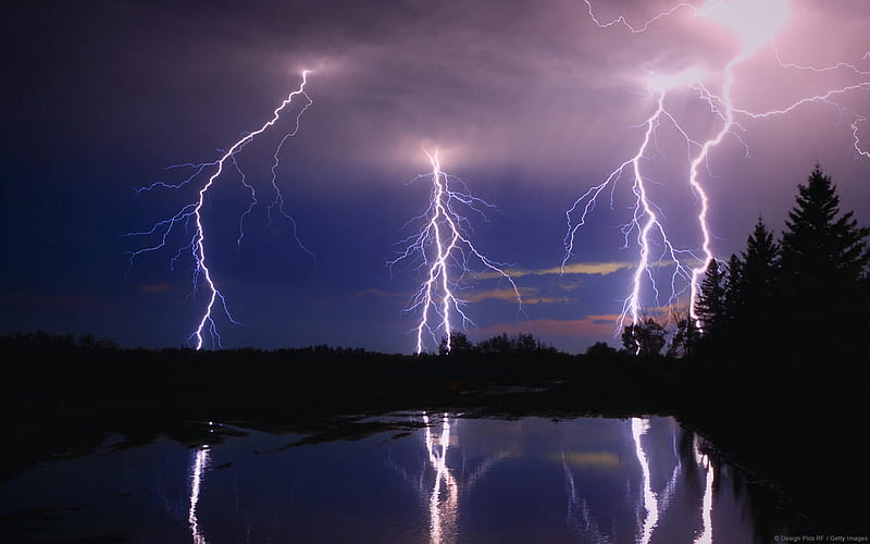 lightning bolts, lightning, lake, night, landscape, HD wallpaper