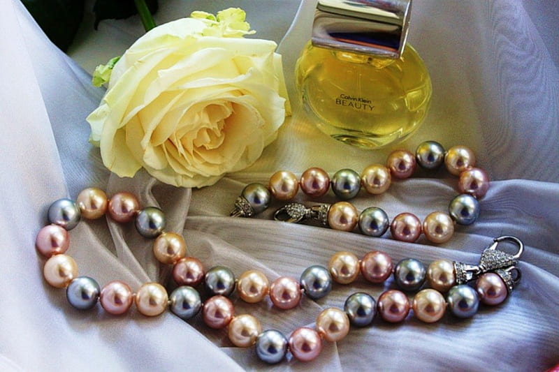 Feminine, perfume, bracelet, necklace, rose, yellow, soft, jewelry, pearls, HD wallpaper