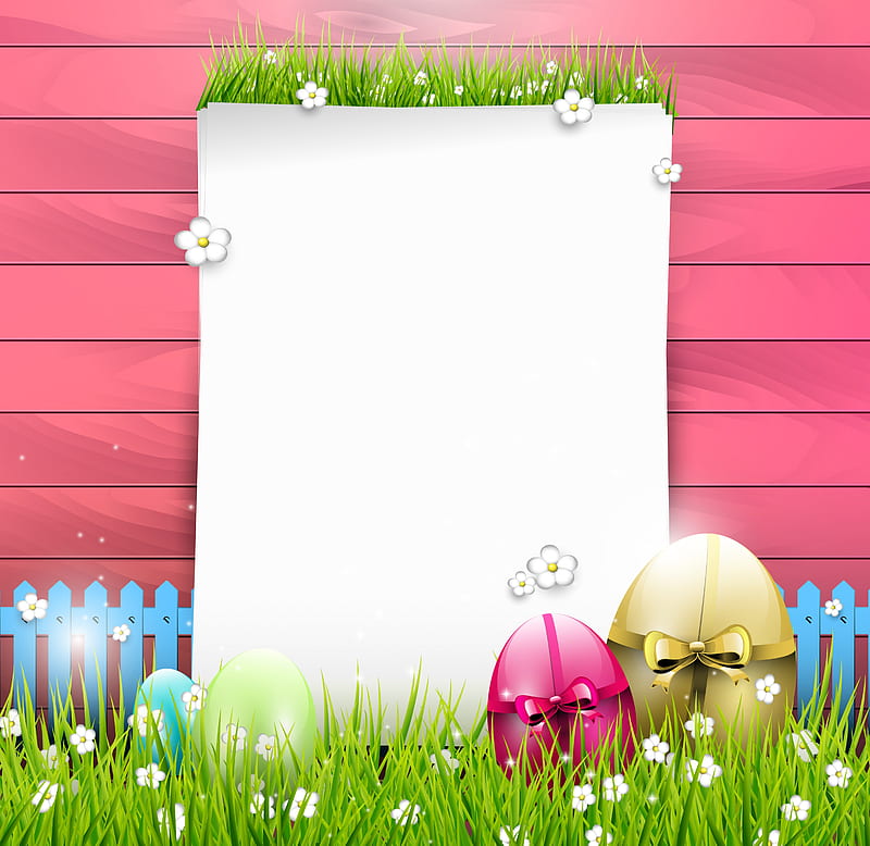 Easter card , holidays, grass, colors, yellow, event, greetings, card, Easter, special days, green, eggs, flowers, pink, HD wallpaper