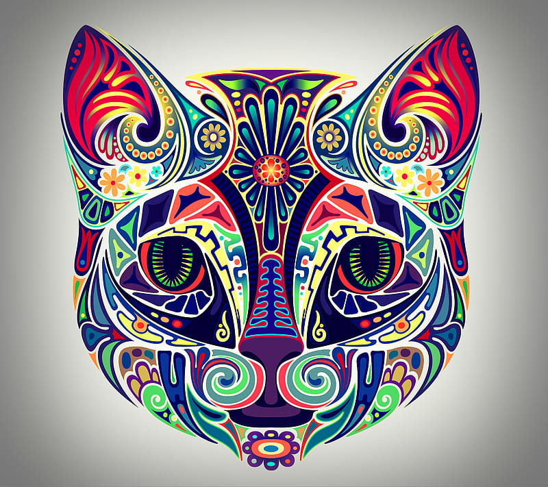 Cat, art, colorful, colors, face, HD wallpaper