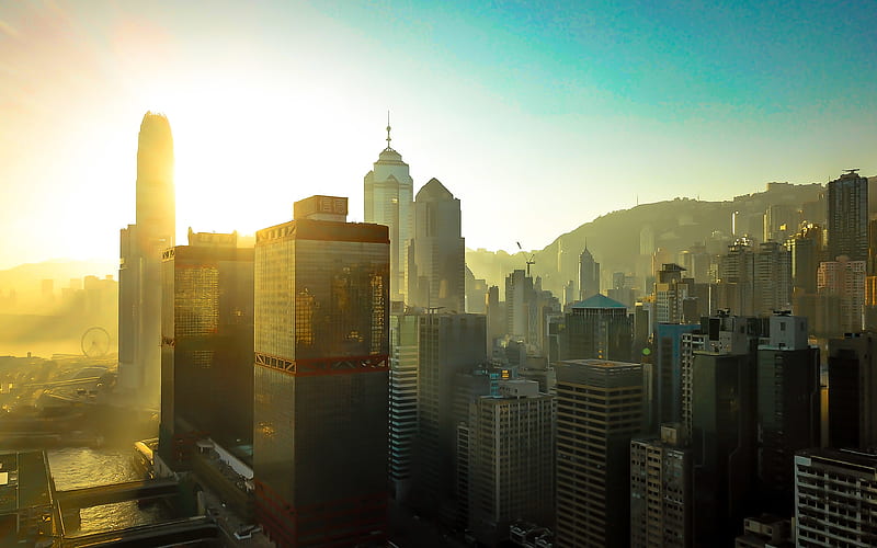 Hong Kong morning, modern buildings, skycrappers, China, HD wallpaper