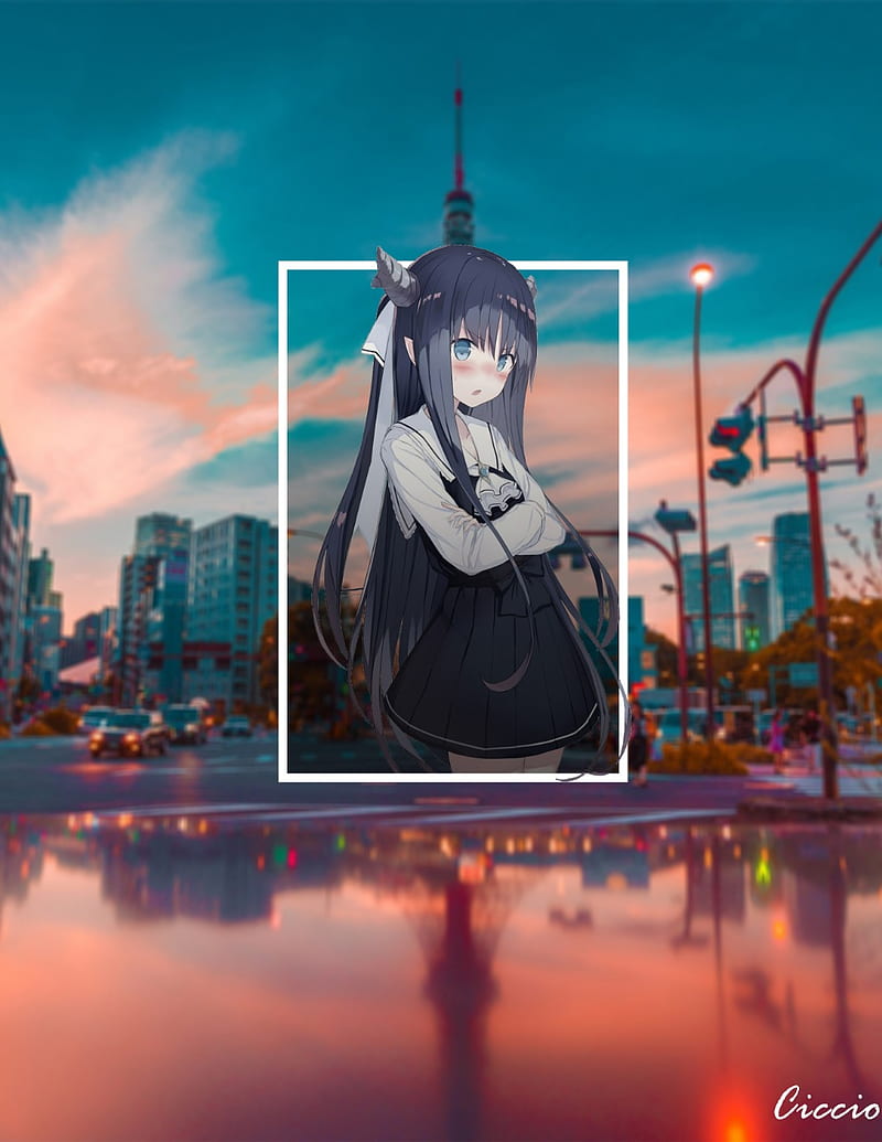 anime, city, blue eyes, long hair, horns, HD phone wallpaper