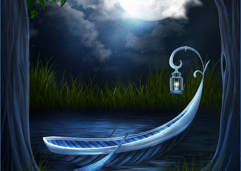 Magic night, world, pretty, grass, lantern, bonito, magic, clouds, fantasy, boat, moon, green, beauty, river, blue, night, stars, lovely, colors, sky, trees, tree, water, nature, gondola, HD wallpaper