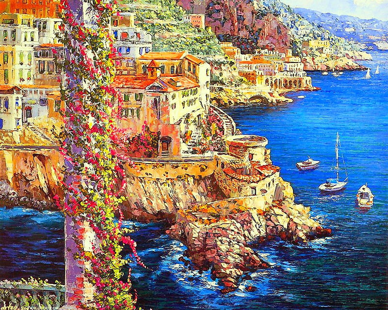 Beautiful painting, boats, houses, painting, coastal, artwork, sea, HD wallpaper