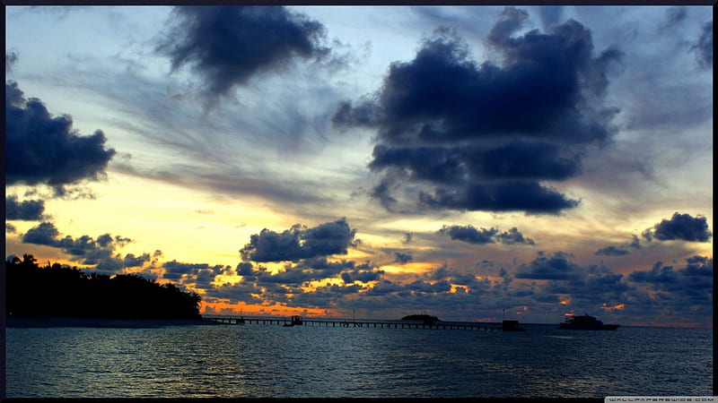 Sea Sunset, sunet, ocean, sky, dark clouds, sea, blue, HD wallpaper