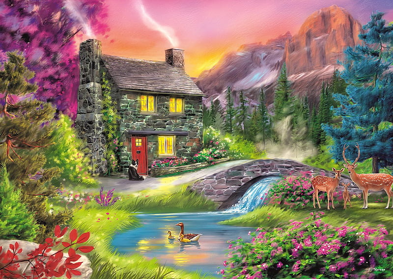 Mountain idyll, idyll, art, house, cottage, spring, creek, bonito, freshness, mountain, countryside, bridge, flowers, river, animals, HD wallpaper
