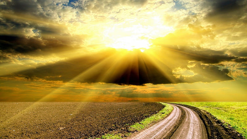 sunbeams over arable fields, beams, sun, fields, road, clouds, HD wallpaper