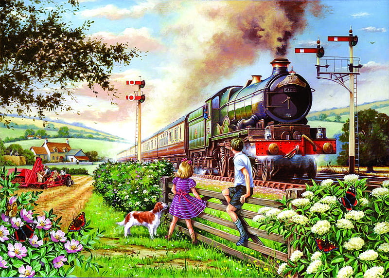 Full Steam, locomotive, train, engine, flowers, steam, butterflies, HD wallpaper
