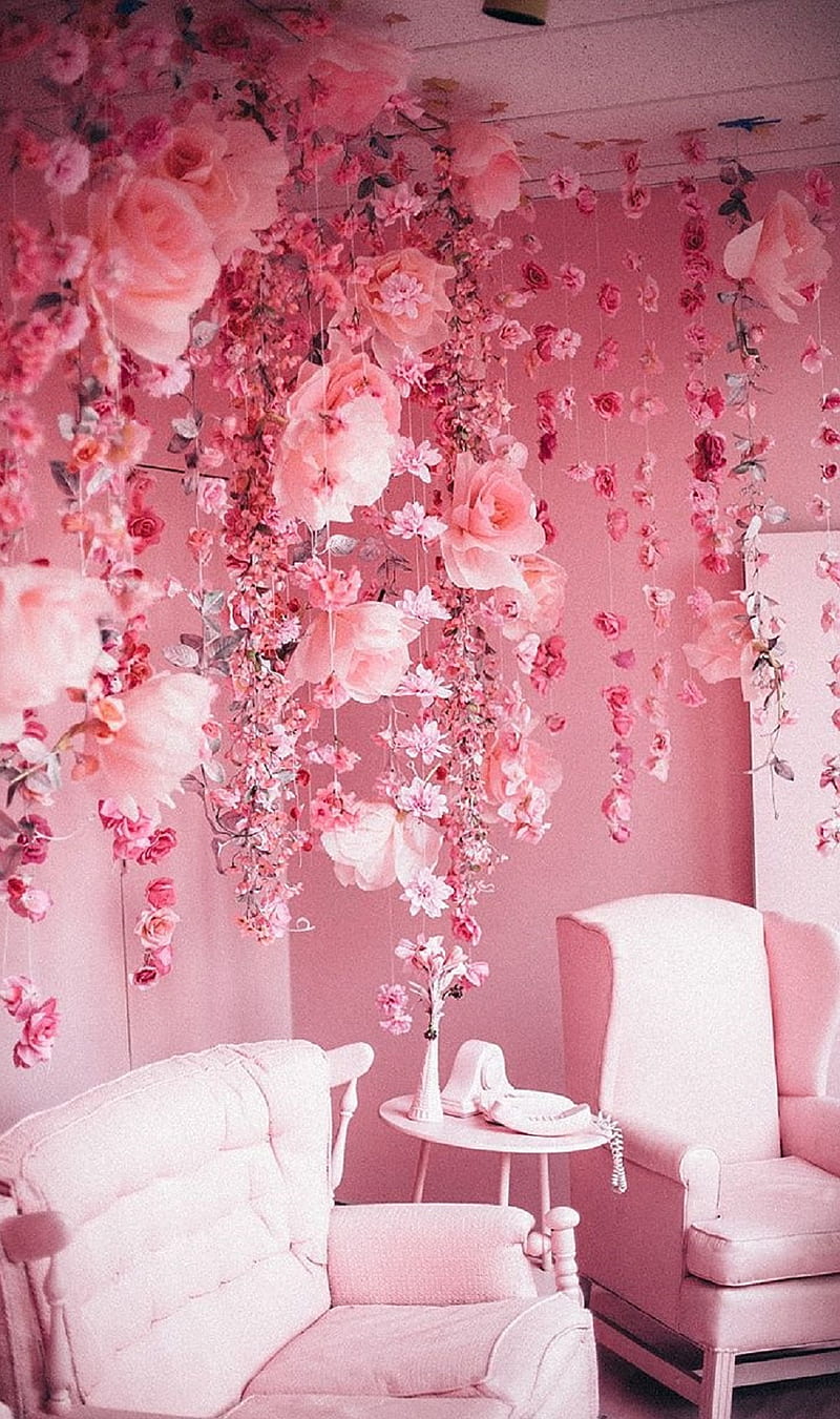 pink, cute, damask, desenho, flowers, home, room, sofa, table, HD phone wallpaper