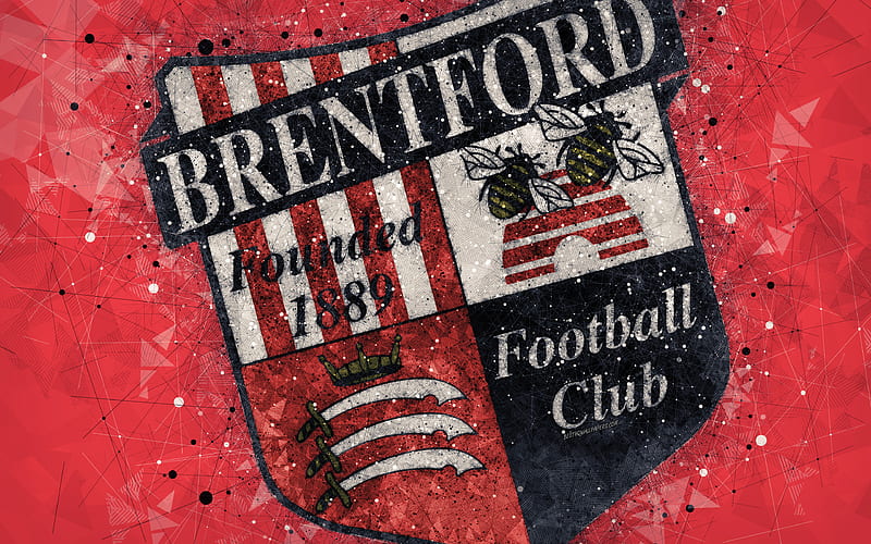 Brentford FC geometric art, logo, red abstract background, English football club, emblem, EFL Championship, Hounslow, England, United Kingdom, football, English Championship, HD wallpaper