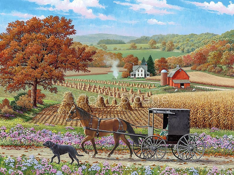 Almost Heaven, dog, horse, coach, barn, painting, autumn, trees, fields ...