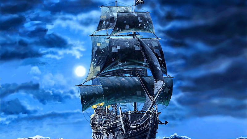 Patchwork Sailing, patches, art, moon, ship, sails, sky, clouds, HD wallpaper