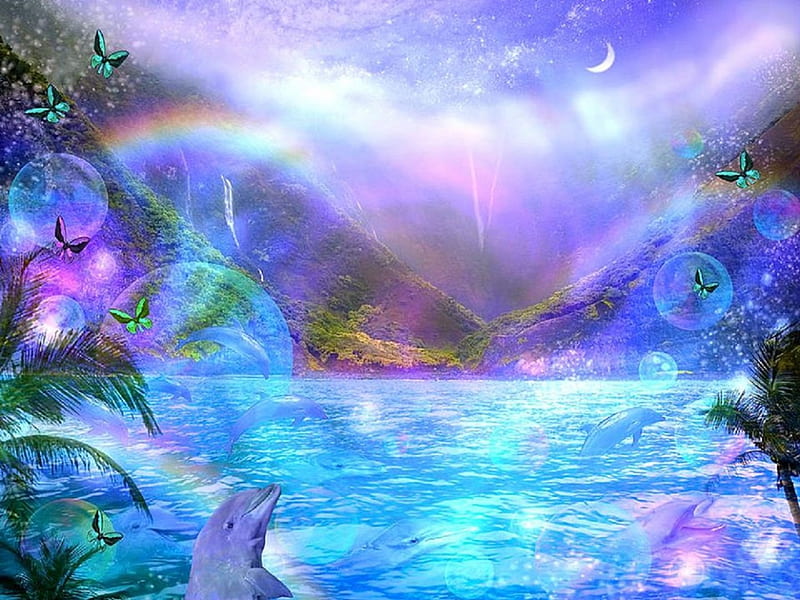 ★Rainbow Over the Ocean★, oceans, lovely, colors, love four seasons, bonito, butterflies, attractions in dreams, creative pre-made, digital art, valley, rainbows, dolphins, nature, butterfly designs, HD wallpaper