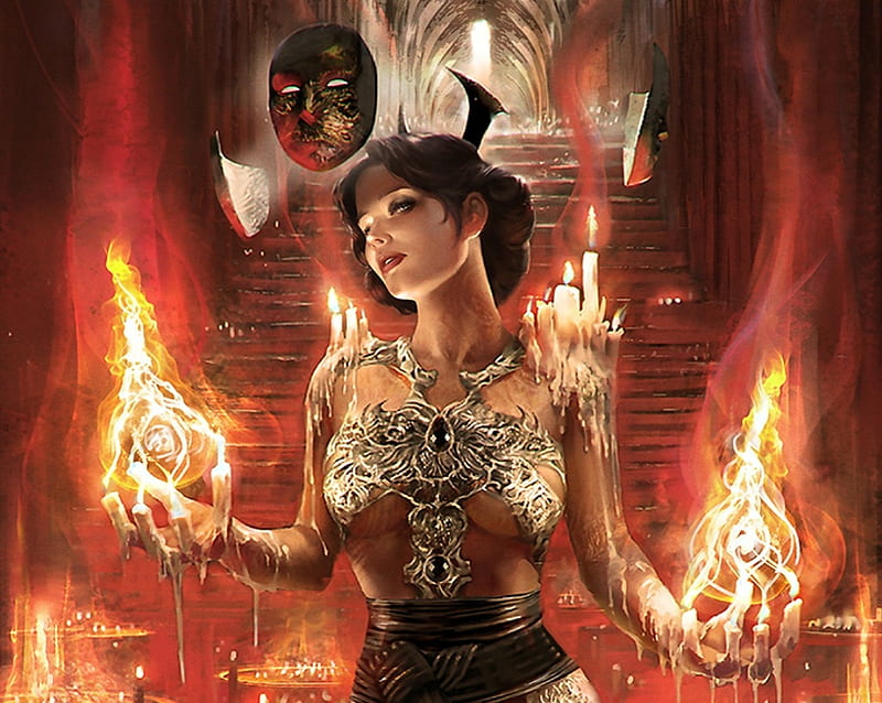 Sorceress, red, legend of the cryptids, game, fire, fantasy, girl, hand, yohann schepacz li yan, loc, HD wallpaper