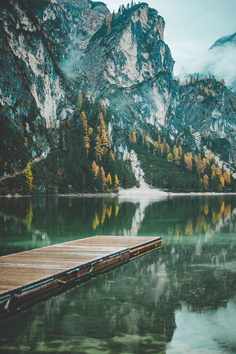 mountains, trees, lake, pier, reflection, italy, HD phone wallpaper
