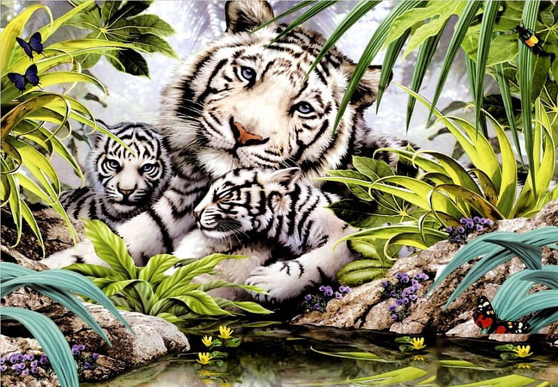 White Tiger with Cubs, jungle, butterfly, artwork, plants, HD wallpaper