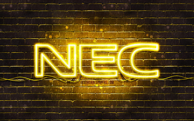NEC yellow logo yellow brickwall, NEC logo, brands, NEC neon logo, NEC, HD wallpaper