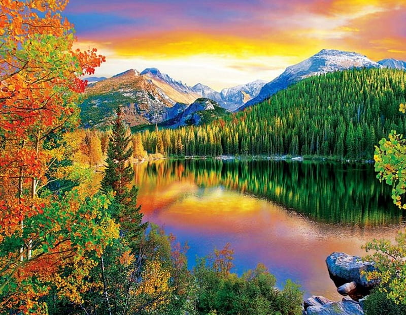 Bear Lake, Estes Park, Colorado, autumn, water, mountains, sunset, reflection, HD wallpaper