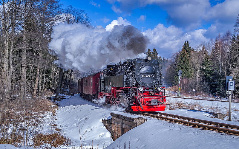 Steaming in Winter, railways, steam, snow, train, forest, HD wallpaper