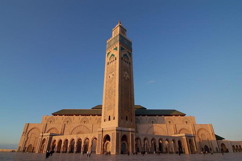 Mosque Hassan II, Casablanca, Morocco, Islam faith, Minaret rises 210 metres, Holds 105 thousand worshipers in mosque and surrounding squares, Mosque, HD wallpaper