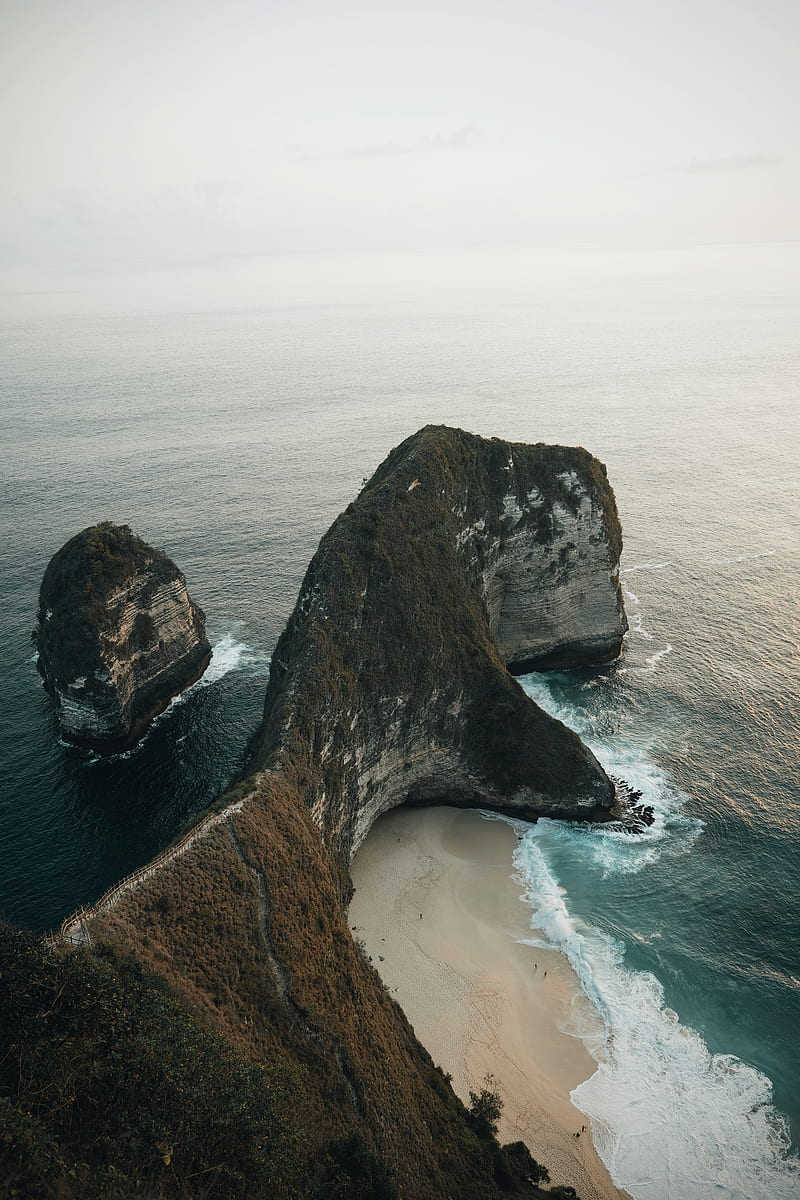 seashore, coast, ocean, horizon, cliff, island, erosion, top view, waves, Nature, HD phone wallpaper