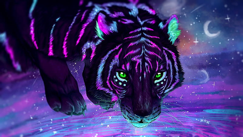 Galaxy Tiger, Tiger, Galaxy, Neon, Cat, Digital, Animal, Colors, Art, HD wallpaper