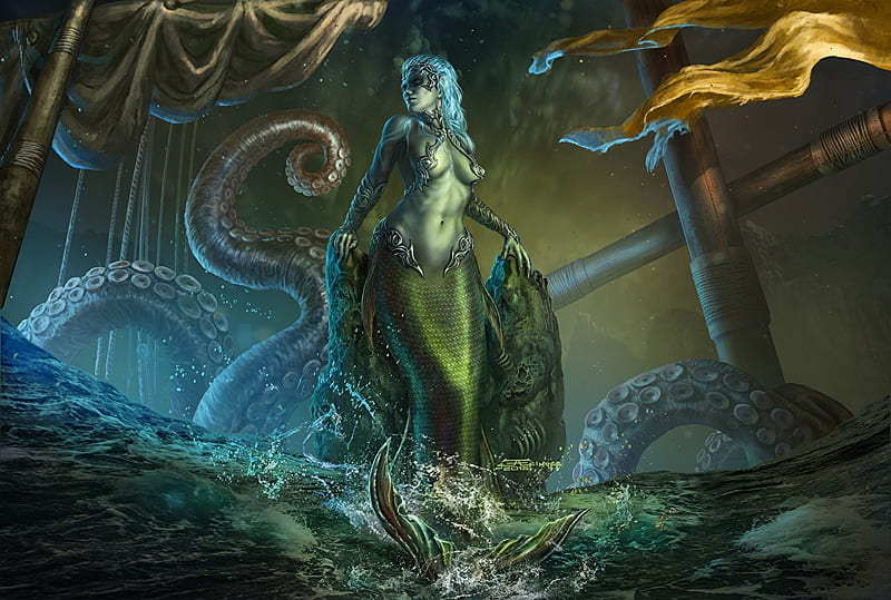 Sea creature, fantasy, octopus, girl, luminos, green, mermaid, caracatita, creature, HD wallpaper