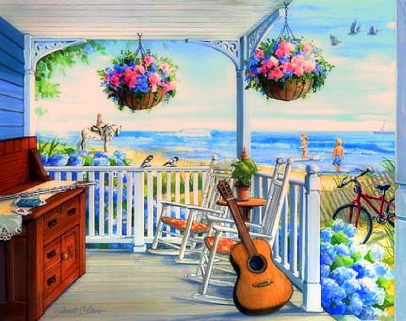 'Outer House Dreaming', architecture, family, stunning, children, attractions in dreams, bonito, sea, paintings, chairs, flowers, seaside, bike, scenery, flying birds, houses, country living, love four seasons, places, creative pre-made, guitar, beaches, travels, getaway, HD wallpaper