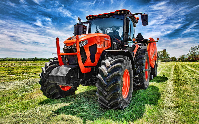 Kubota M8-211 picking grass, 2020 tractors, agricultural machinery, orange tractor, R, harvest, agriculture, Kubota, HD wallpaper