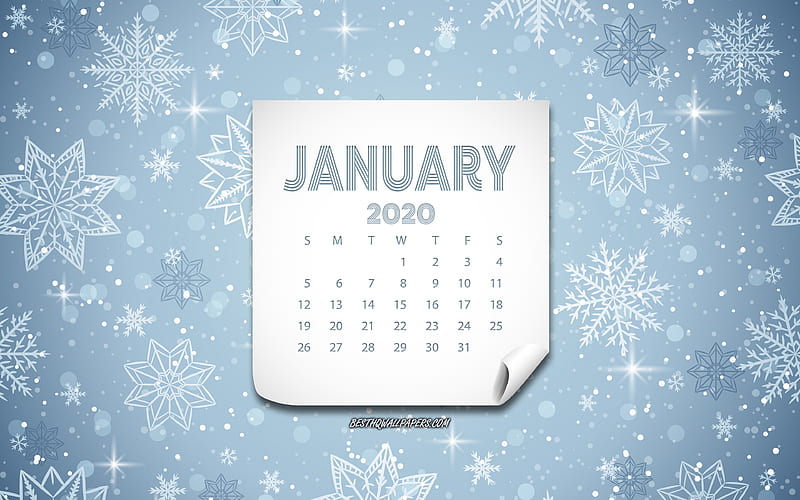 January 2020 Calendar, background with snowflakes, winter background, 2020 concepts, 2020 calendars, white snowflakes, 2020 January Calendar, January, HD wallpaper