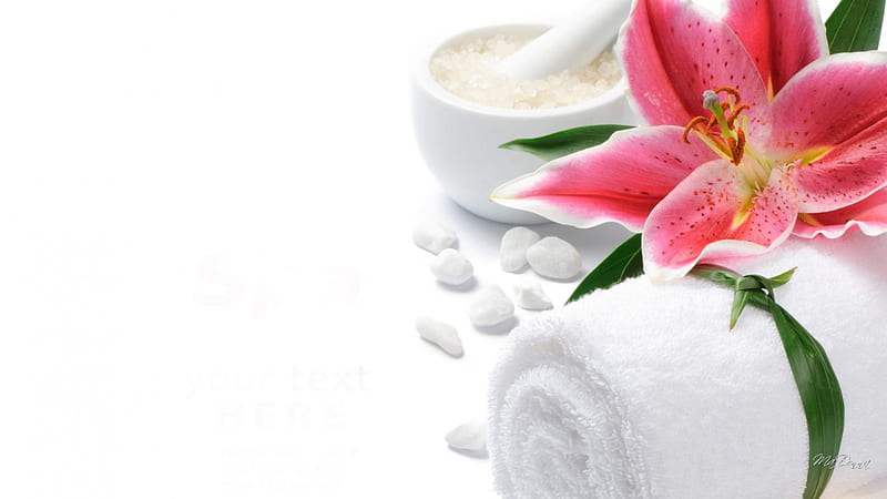 Spa Ready, rest, warm, bloom, towel, bath salts, leaves, blossom, spa, flower, lily, relaxation, light, HD wallpaper