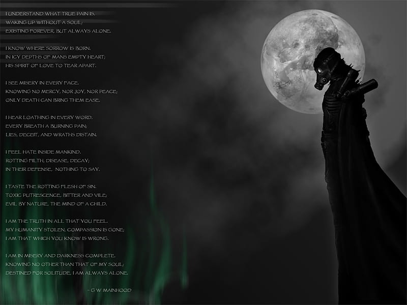 Forever Alone, gas mask, last, death, moon, poetry, poem, full moon, HD wallpaper