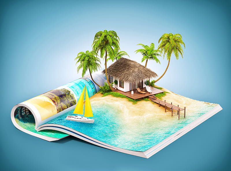 :-), book, creative, vara, fantasy, boat, summer, funny, island, blue, palm tree, HD wallpaper