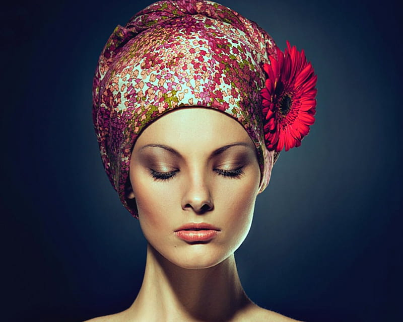 Pretty face, makeup, flowers, turban, face, woman, HD wallpaper