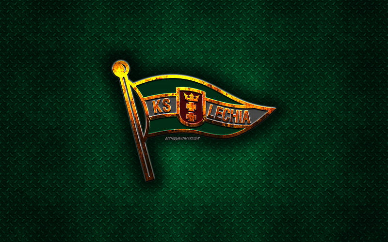 Lechia Gdansk, Polish football club, green metal texture, metal logo, emblem, Gdansk, Poland, Ekstraklasa, creative art, football, HD wallpaper