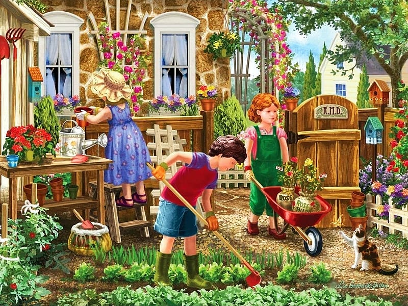 Gardening Fun by Liz Goodrick-Dillon, children, painting, vegetables, house, garden, HD wallpaper