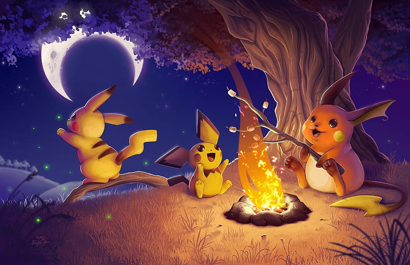 Pichu, Pikachu and Raichu around a campfire, moon, luminos, orange, tsaoshin, pokemon, pichu, pikachu, eric proctor, fantasy, moon, camp fire, raichu, blue, night, HD wallpaper