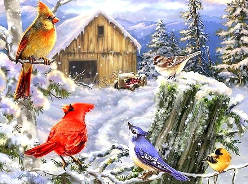 Frosty Morning Song, Christmas, holidays, woods, love four seasons, birds, farms, attractions in dreams, xmas and new year, winter, paintings, snow, winter holidays, animals, HD wallpaper