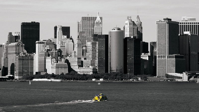 nyc yellow taxi boat to downtown manhattan, city, boat, taxi, bay, skyscrapers, HD wallpaper
