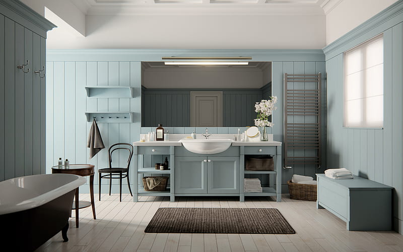 stylish blue bathroom interior, wooden walls in the bathroom, modern design, retro style, interior design for the bathroom, HD wallpaper