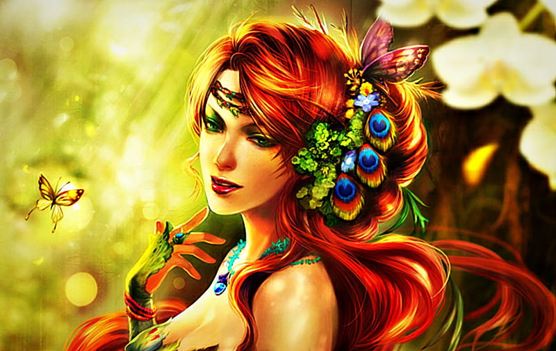Poison Ivy, art, yang fan, redhead, woman, fantasy, pecock, butterfly, girl, green, feather, digital, flower, blue, HD wallpaper